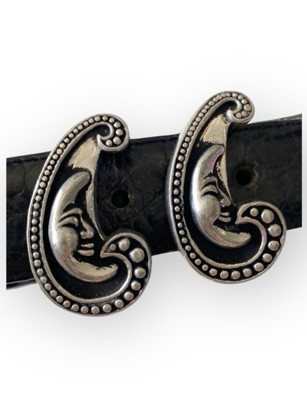 Vintage: Vincenza ☾ ©1997 Celestial Etched Metal Buckle Belt ☾ Black Leather - Picture 10 of 16